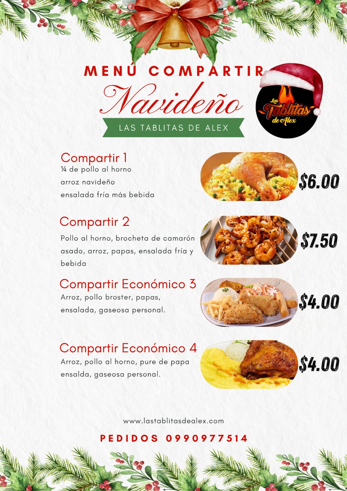 Menú compartir navideño con 4 opciones y precios